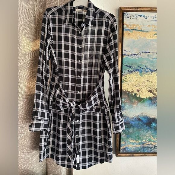 rag & bone Dresses & Skirts - Rag & Bone Plaid Tie Front Button Down Shirt Dress Sz M Black White Long Sleeve